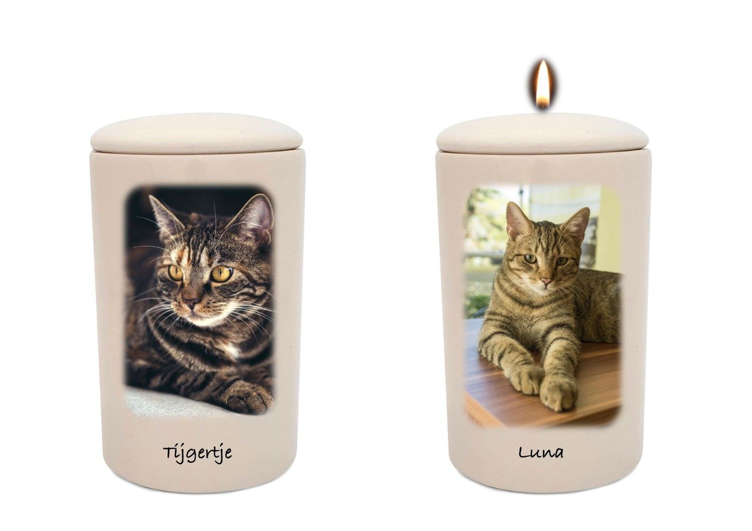Cilinder urn - Unieke urn met foto van uw kat of hond (naar keus met of zonder waxinelicht bovenin)