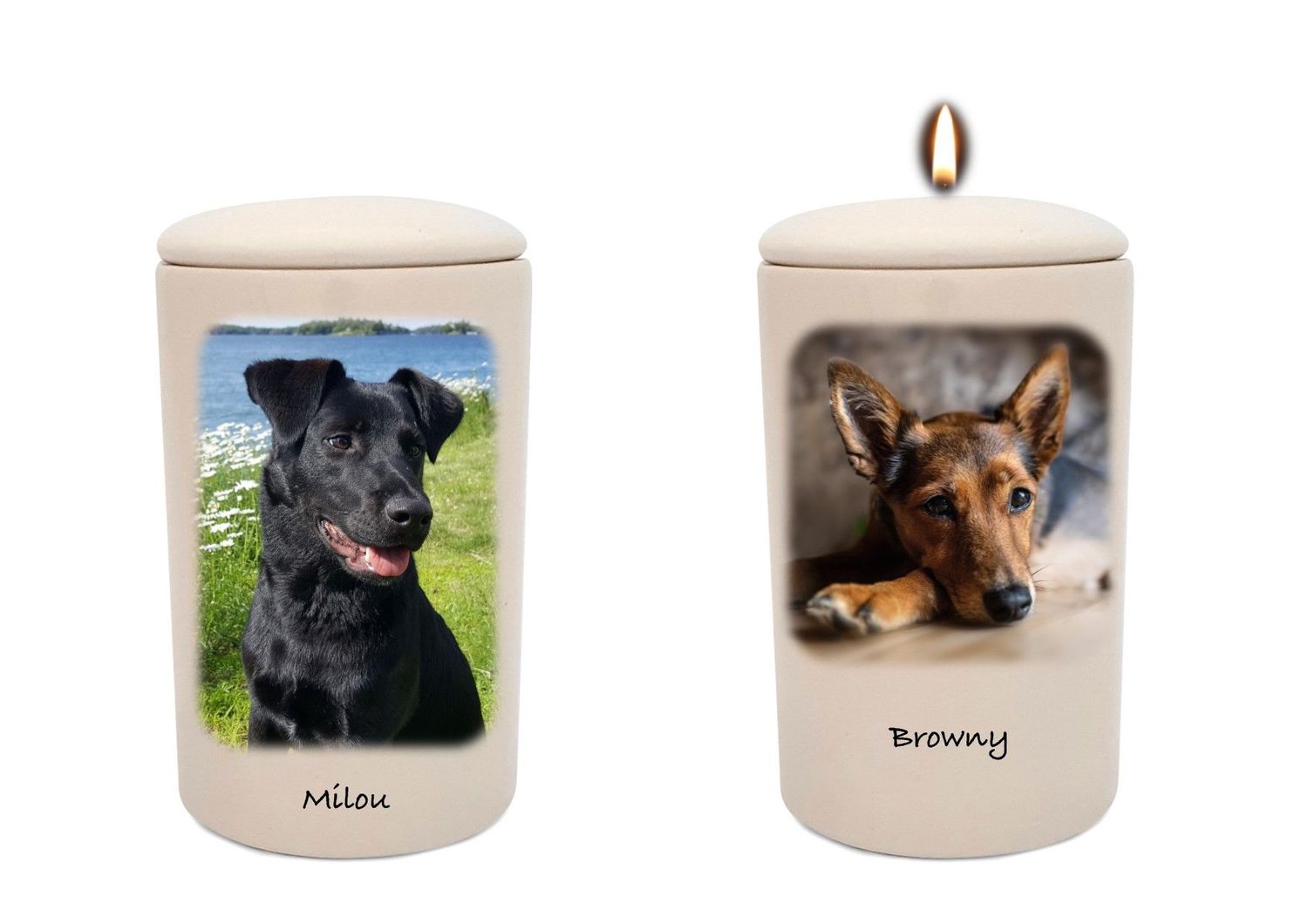 Cilinder urn - unieke urn met foto van uw hond of kat (naar keus met of zonder waxinelicht bovenin) Cilinder urn - unieke urn met foto van uw hond of kat (naar keus met of zonder waxinelicht bovenin)