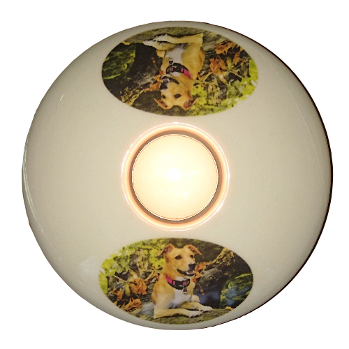 Urnschaal dierenurn Hond met foto - De urnschaal met eigen foto's ingebrand in de glazuur - leverbaar in diverse formaten