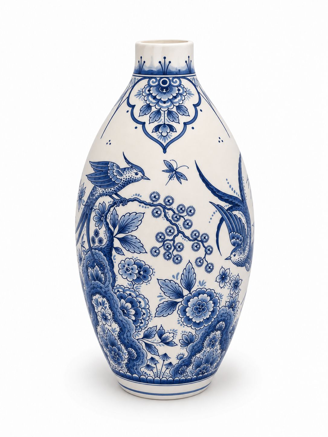 Urn in Delfts blauw: "Paradijsvogels" (urn model PU-3-WAXINE) met waxinelicht bovenin - hand beschilderd
