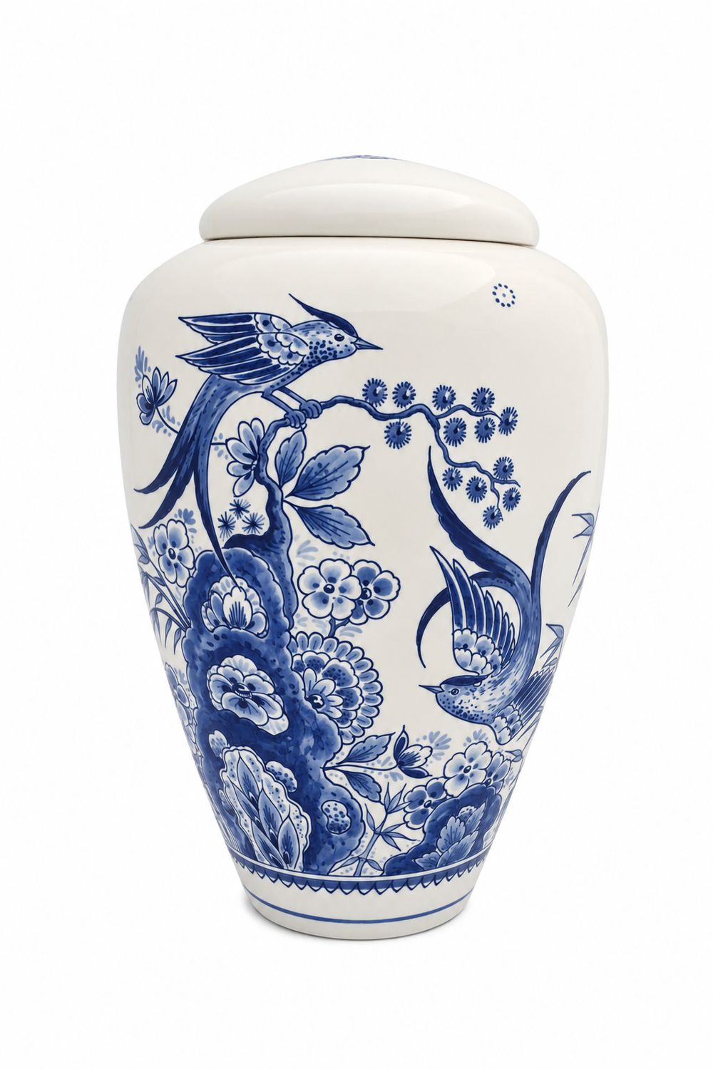 Urn in Delfts blauw: "Paradijsvogels" (model PU-4) hand beschilderd