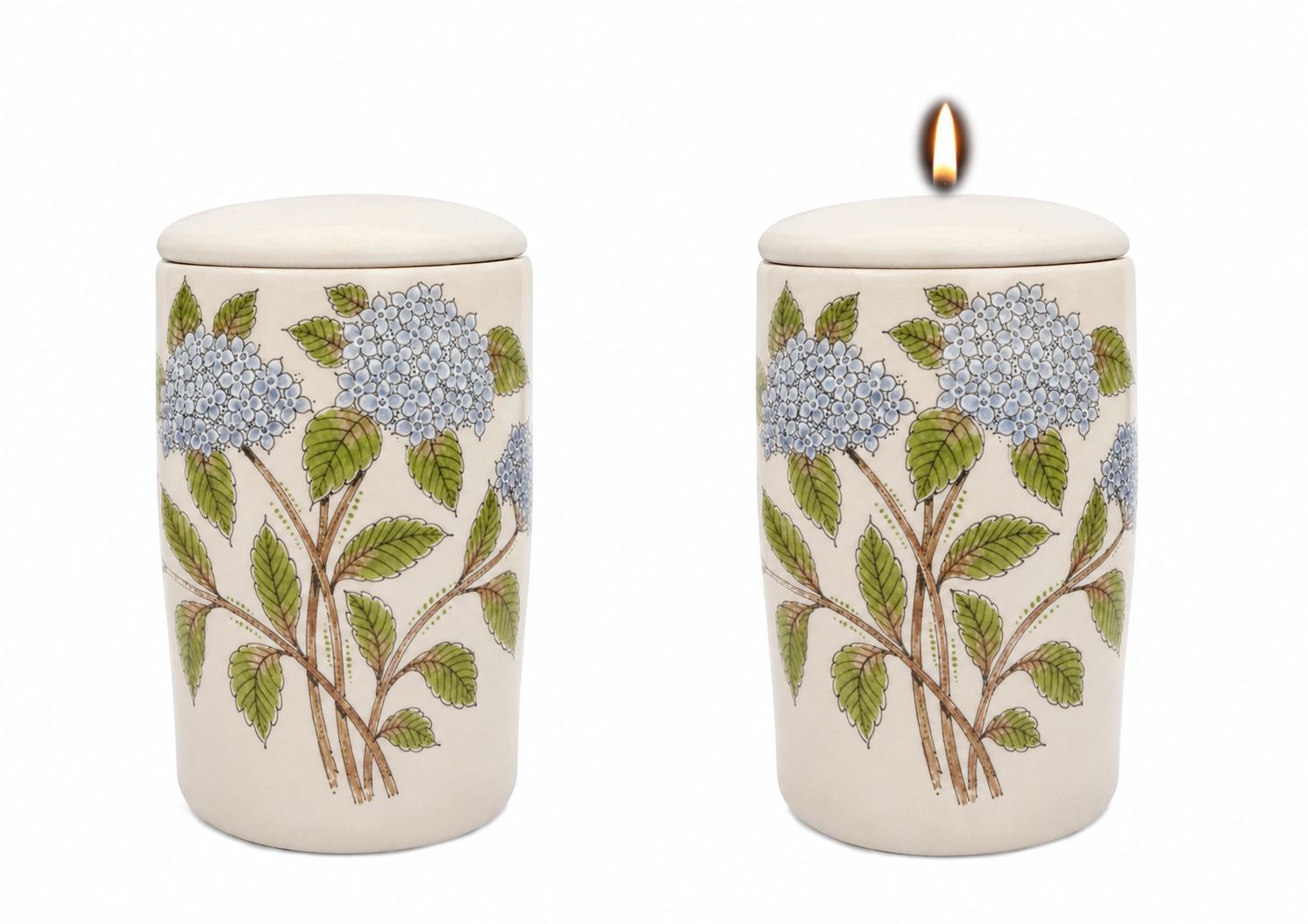 Cilinder urn Hortensia blauw - Hand beschilderd (met of zonder waxinelicht bovenin)