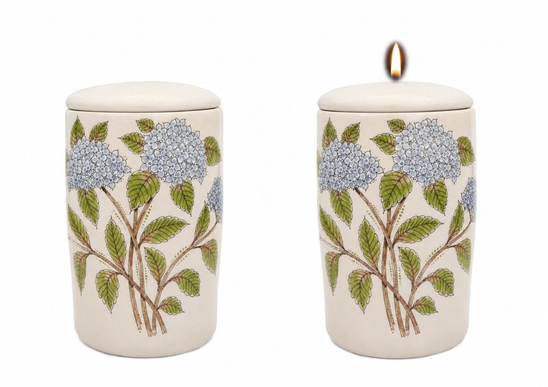 Cilinder urn Hortensia blauw - Hand beschilderd (met of zonder waxinelicht bovenin)