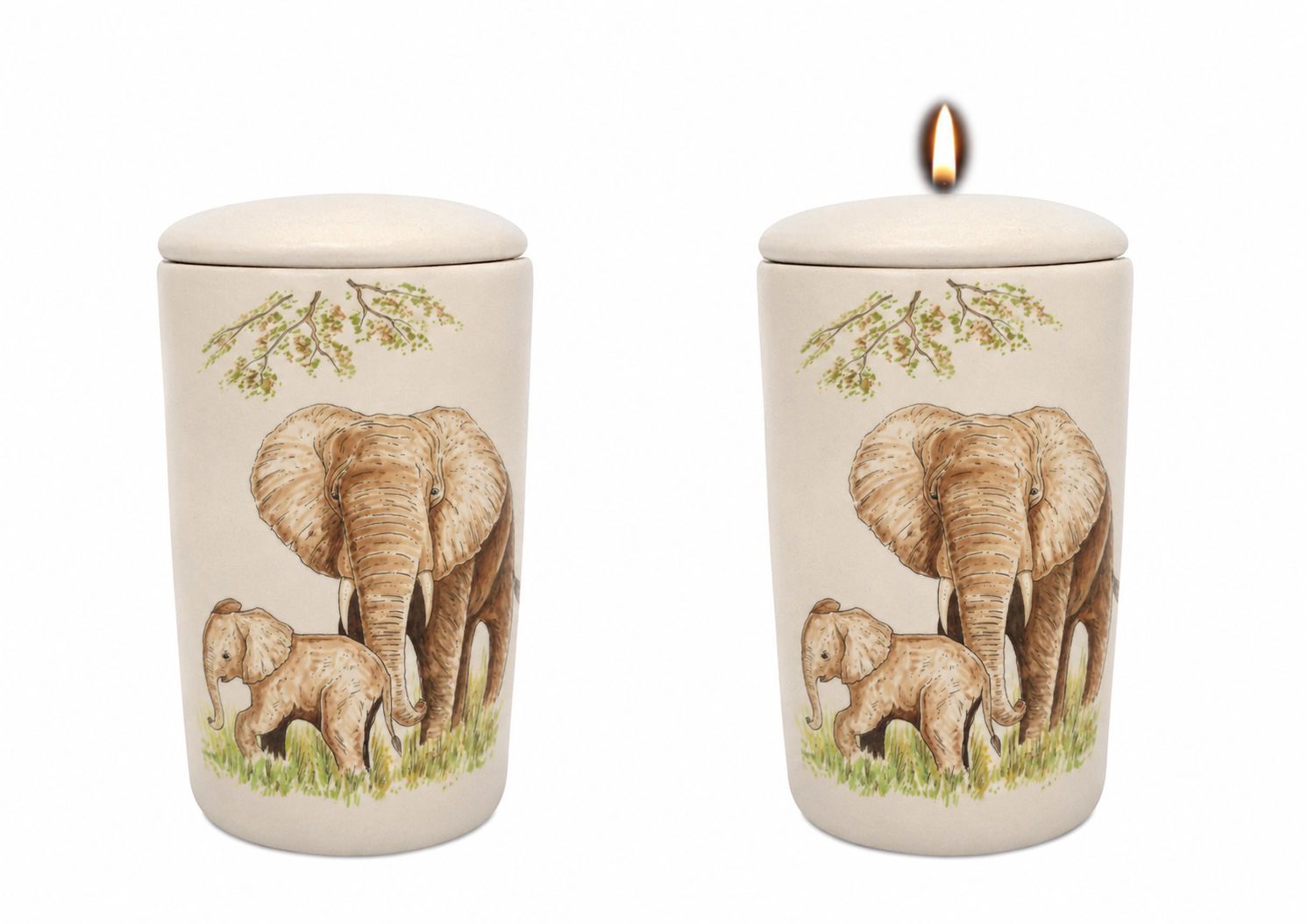 Cilinder urn Olifant met jong - Hand beschilderd (met of zonder waxinelicht bovenin)