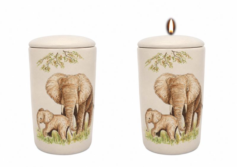 Cilinder urn Olifant met jong - Hand beschilderd (met of zonder waxinelicht bovenin)