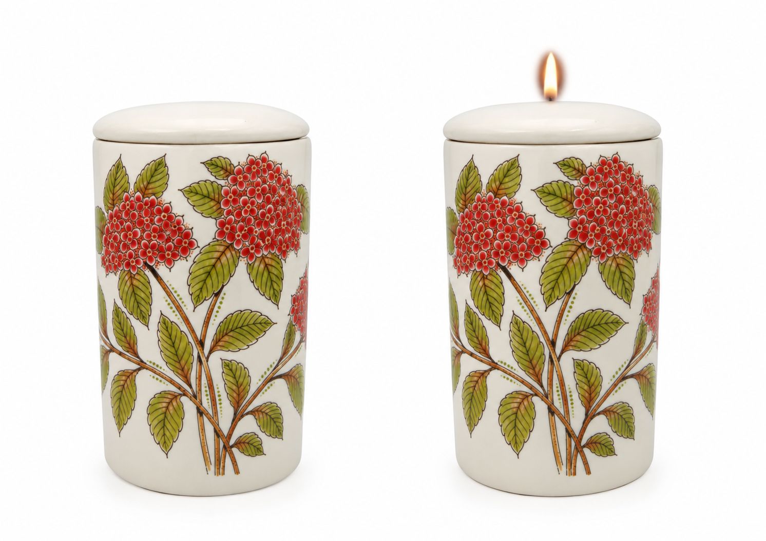 Cilinder urn Hortensia rood - Hand beschilderd (met of zonder waxinelicht bovenin)