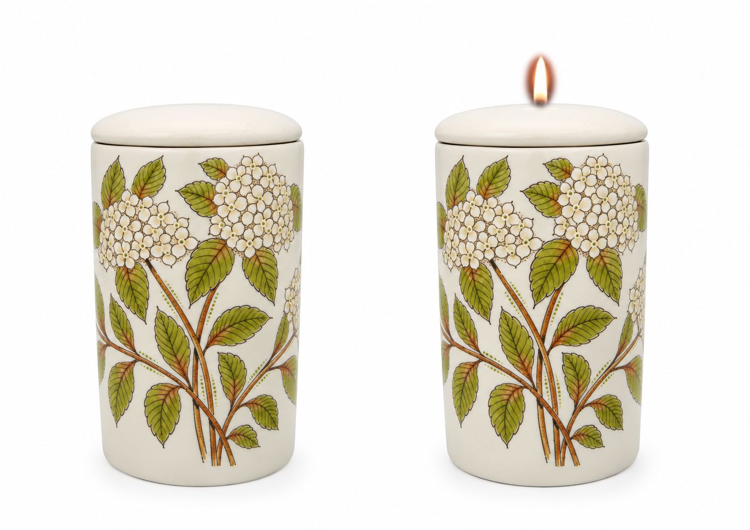 Cilinder urn Hortensia crême-wit - Hand beschilderd (met of zonder waxinelicht bovenin)