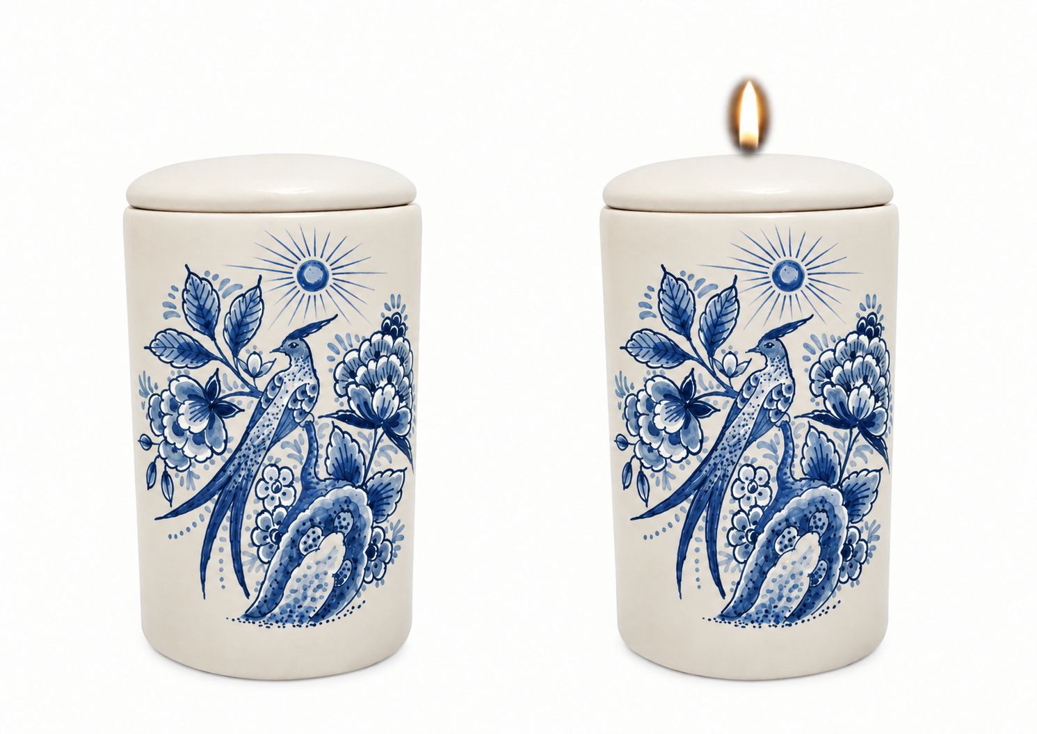 Cilinder urn Paradijsvogel (in Delfts Blauw) - Hand beschilderd (met of zonder waxinelicht bovenin)