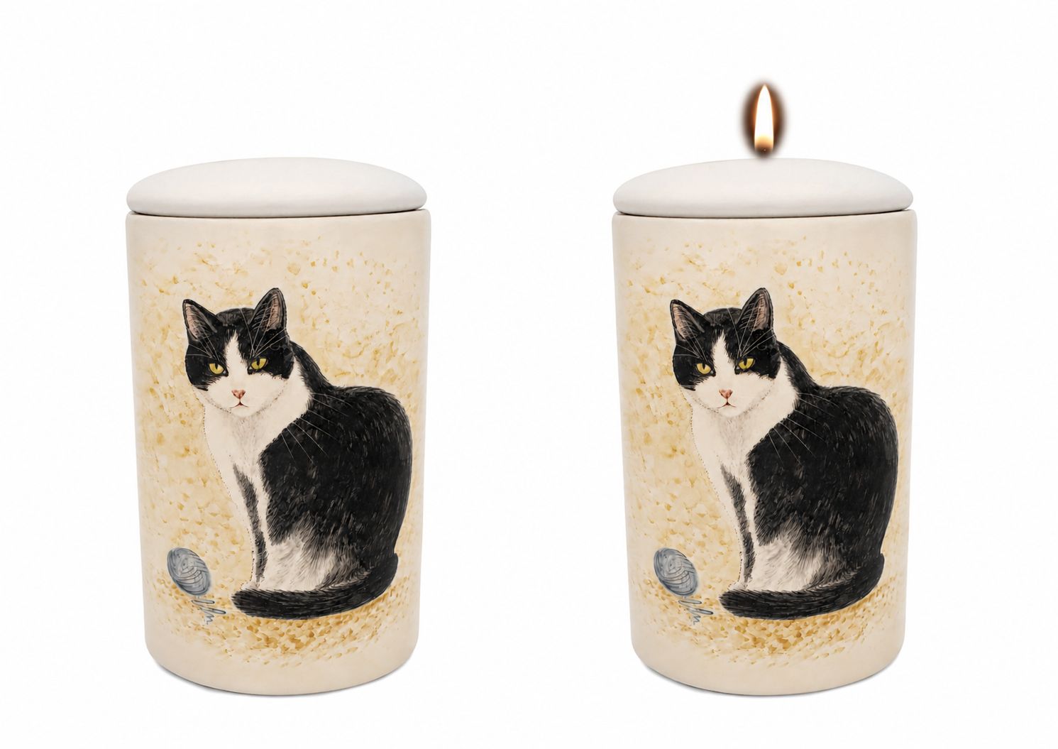 Cilinder urn Kat zwart-wit ("Felix Kat") - Hand beschilderd (met of zonder waxinelicht bovenin)