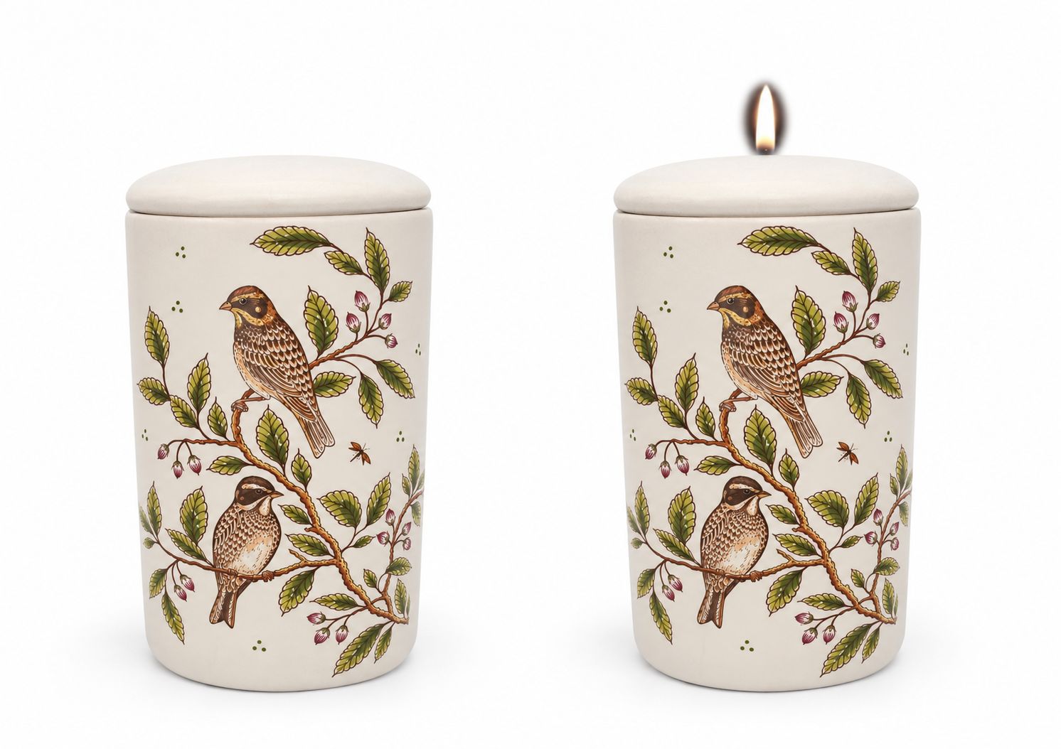 Cilinder urn Vogels - Hand beschilderd (met of zonder waxinelicht bovenin)