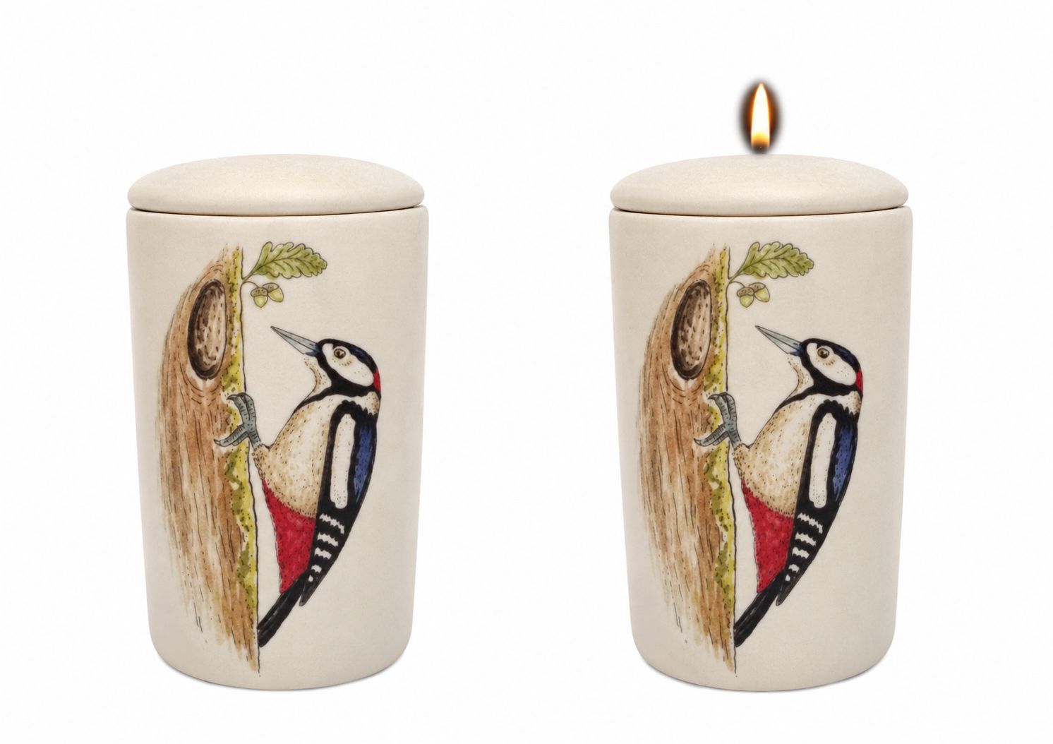 Cilinder urn Bonte Specht - Hand beschilderd (met of zonder waxinelicht bovenin)