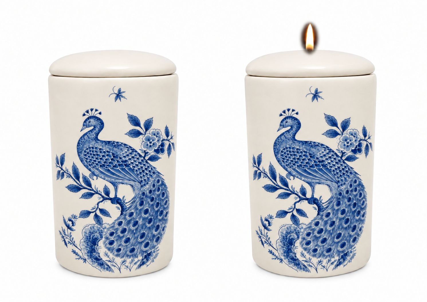 Cilinder urn Pauw speciaal in Delfts Blauw - Hand beschilderd (met of zonder waxinelicht bovenin)