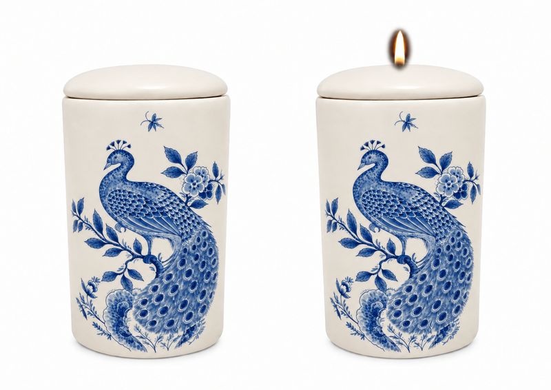 Cilinder urn Pauw speciaal in Delfts Blauw - Hand beschilderd (met of zonder waxinelicht bovenin)