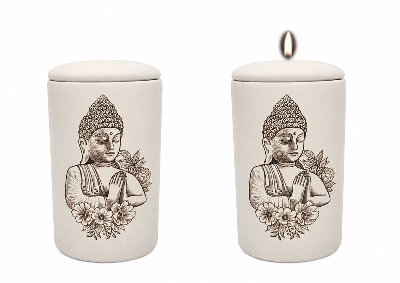 Cilinder urn Boeddha (nieuw 2027) - Hand beschilderd (met of zonder waxinelicht bovenin)