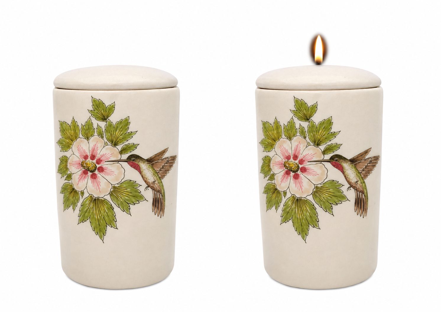 Cilinder urn Kolibrie met Hibiscus - Hand beschilderd (met of zonder waxinelicht bovenin)