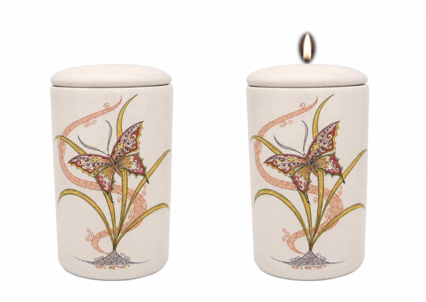 Cilinder urn Vlinder jugendstil - Hand beschilderd (met of zonder waxinelicht bovenin)