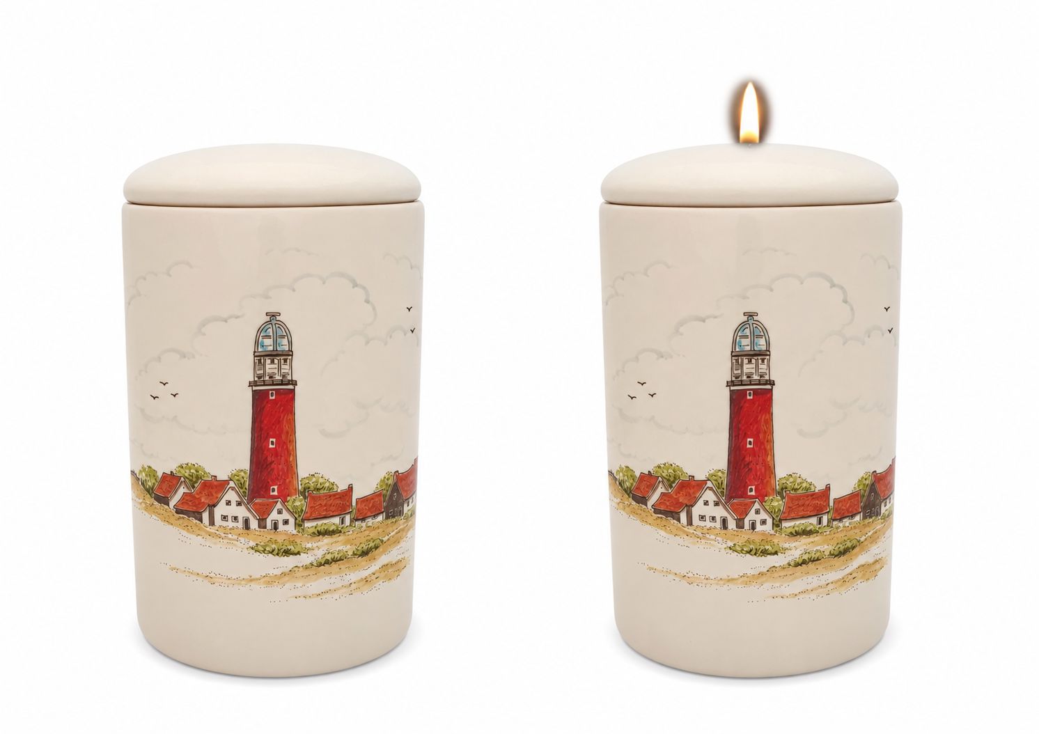 Cilinder urn Vuurtoren Texel - Hand beschilderd (met of zonder waxinelicht bovenin)
