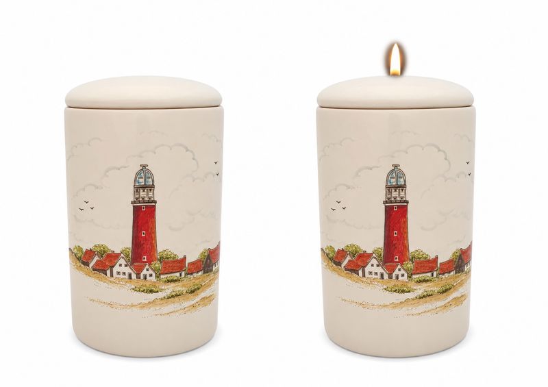 Cilinder urn Vuurtoren Texel - Hand beschilderd (met of zonder waxinelicht bovenin)