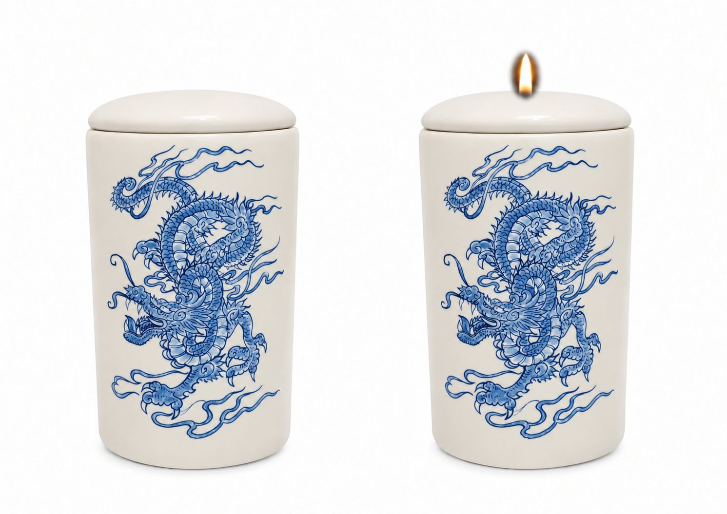 Cilinder urn Chinese Draak (in Delfts Blauw) - Hand beschilderd (met of zonder waxinelicht bovenin)