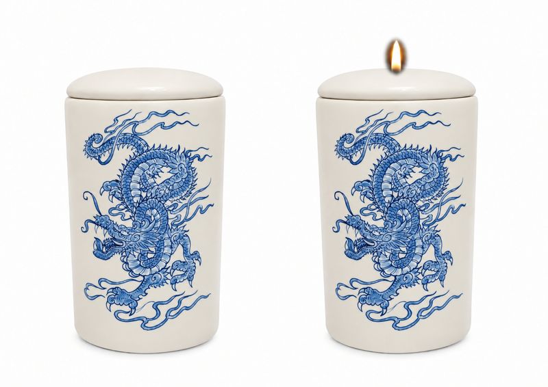 Cilinder urn Chinese Draak (in Delfts Blauw) - Hand beschilderd (met of zonder waxinelicht bovenin)