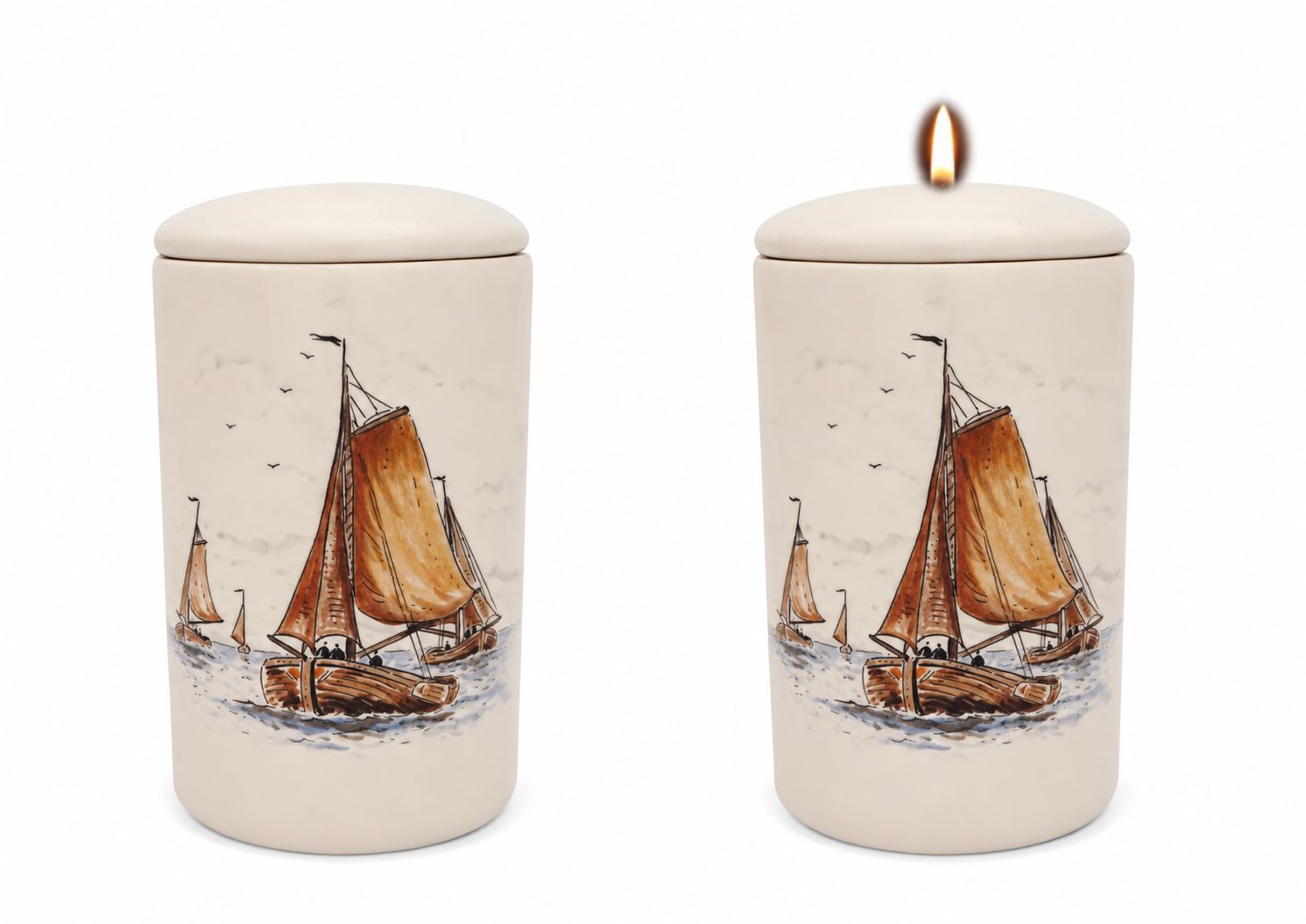 Cilinder urn Zeilschip - Zeilboot - Hand beschilderd (met of zonder waxinelicht bovenin)