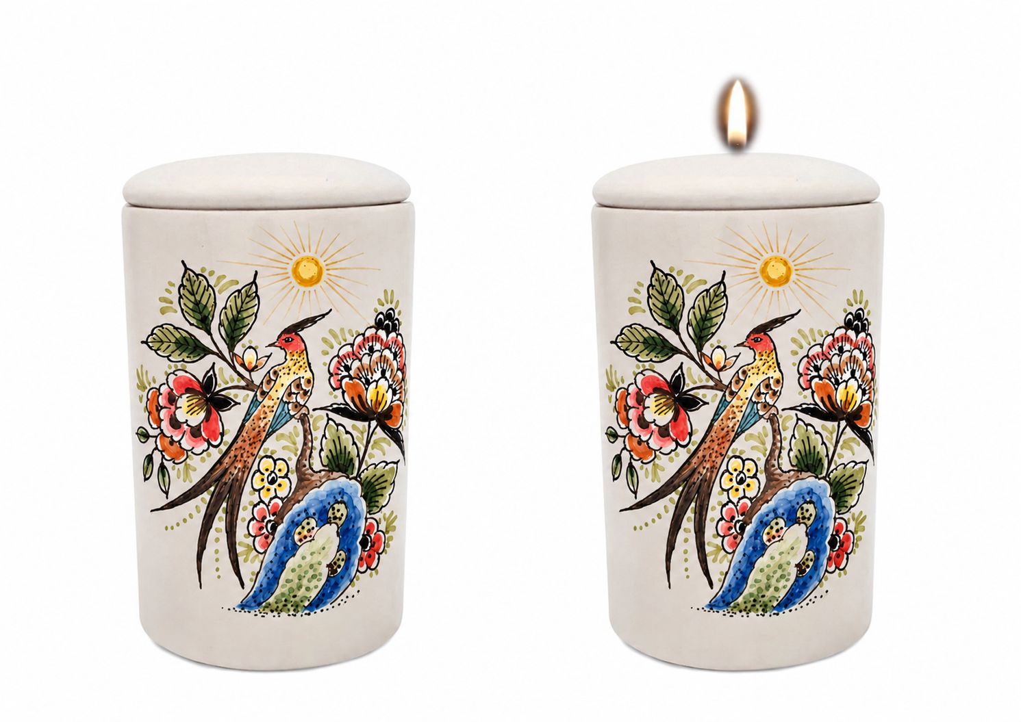 Cilinder urn Paradijsvogel - Hand beschilderd (met of zonder waxinelicht bovenin)