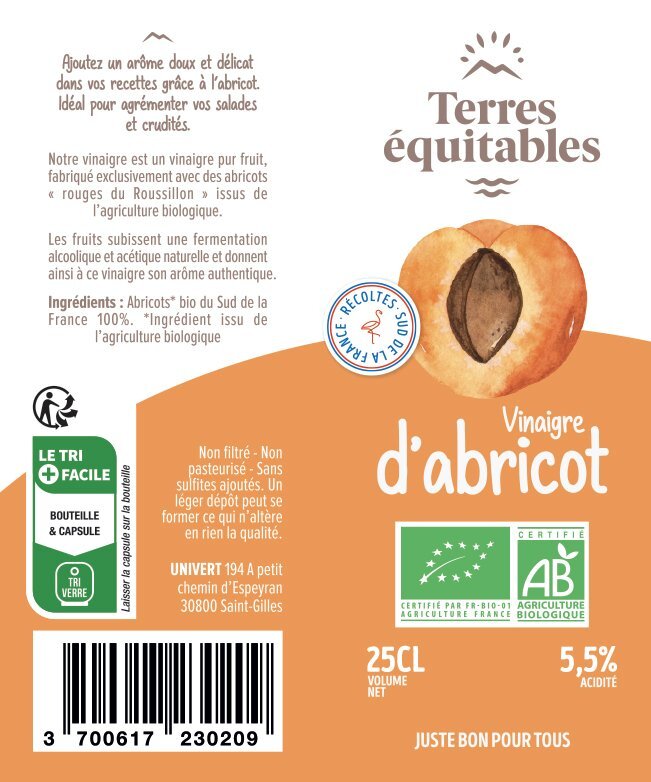 Vinaigre d'abricot BIO - la bouteille 25 cl
