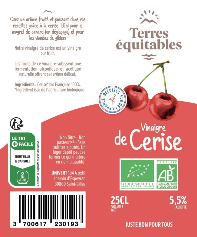 Vinaigre de cerise BIO - la bouteille 25 cl