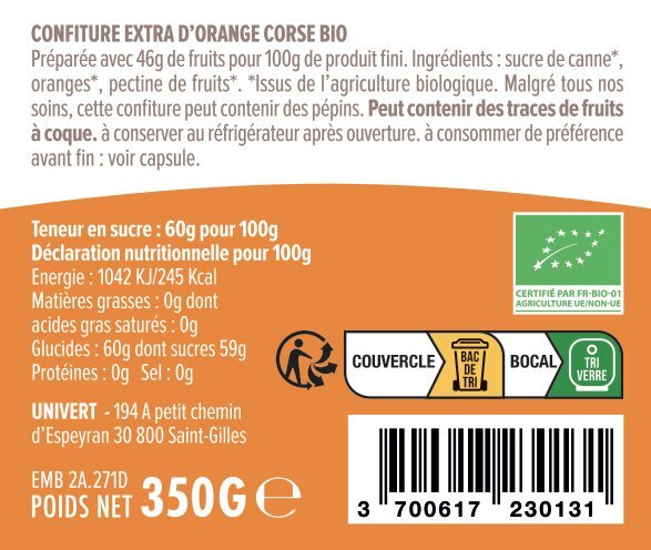 Confiture d'orange Corse BIO - Le pot de 350gr