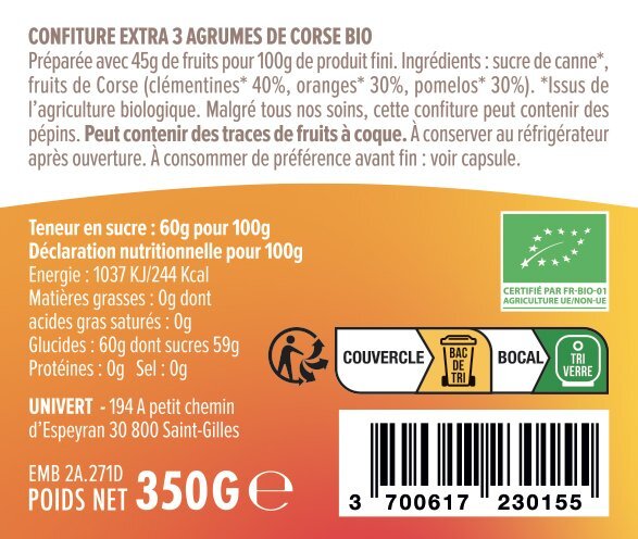 Confiture 3 agrumes Corses BIO - Le pot de 350gr