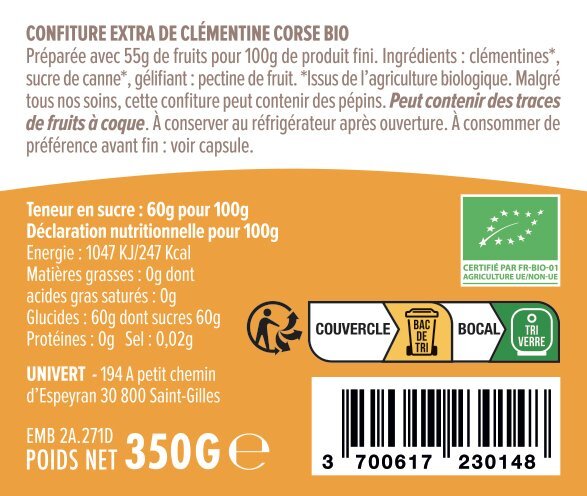 Confiture de clémentine Corse BIO - Le pot de 350gr
