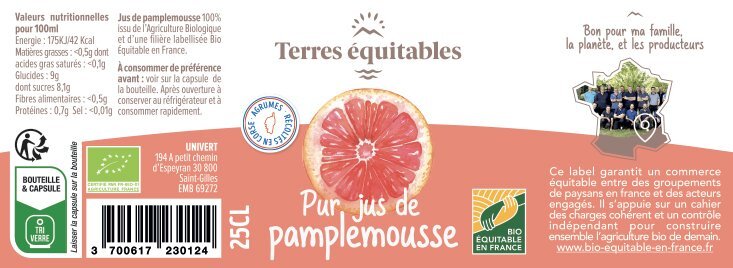 Pur jus de pamplemousse BIO - la bouteille 75 cl