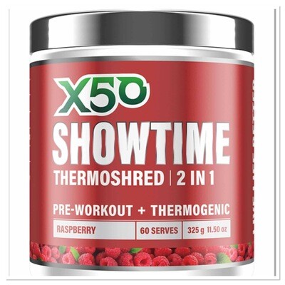 X50 Showtime Thermoshred 2 In 1 Preworkout And Thermogenic Raspberry 60serves