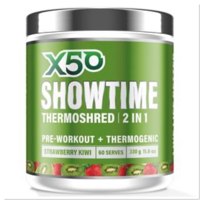 X50 Showtime Thermoshred 2 In 1 Preworkout And Thermogenic Strawberry And Kiwi 60 Serve