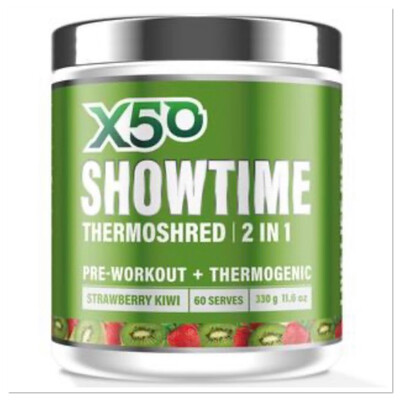 X50 Showtime Thermoshred 2 In 1 Preworkout And Thermogenic Strawberry And Kiwi 60 Serve