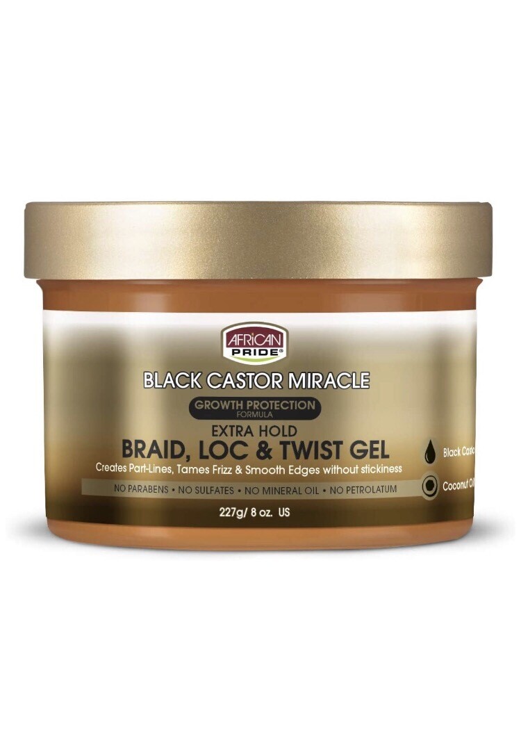 African Pride Black Castor Miracle Extra Hold Braid, Loc &amp; Twist Gel 8oz