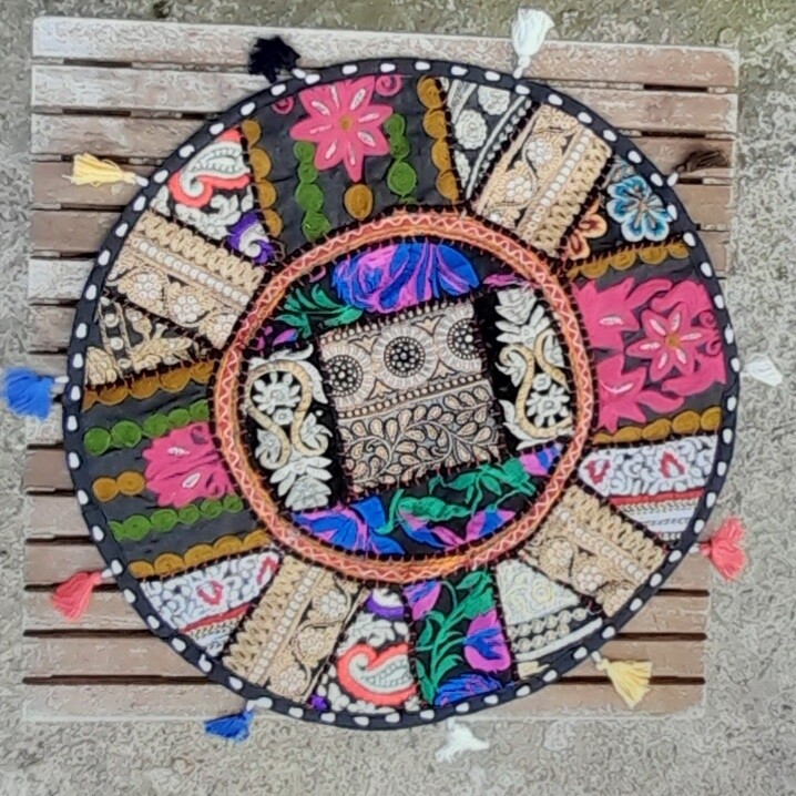 Round Patchwork Scatter Cushion Cover - Black - Small
