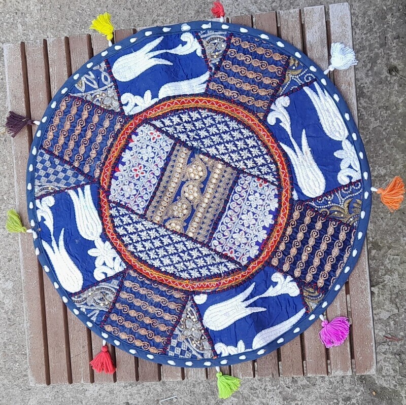 Round Patchwork Scatter Cushion Cover - Blue - Small