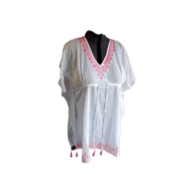 White Lightweight Cotton Summer Top with Pink Embroidery