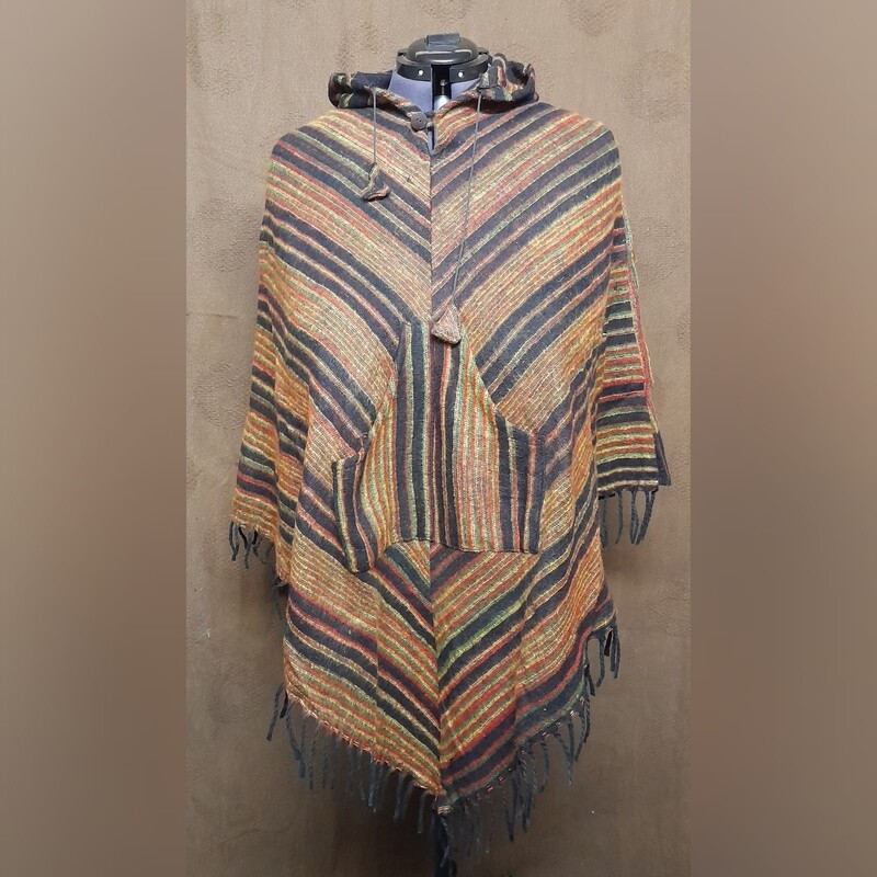 SG - CASHMILON HOODED PONCHO - Black/Tan Stripe