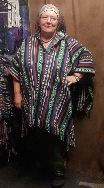 SG - Mexican style poncho with hood  - Green Diamond Stripe