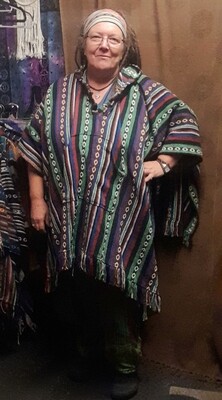 Mexican style poncho with hood - Green Diamond Stripe