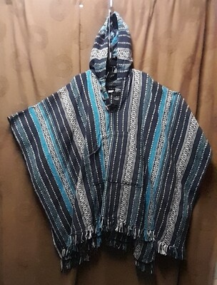 Mexican style poncho with hood - Blue Diamond Stripe