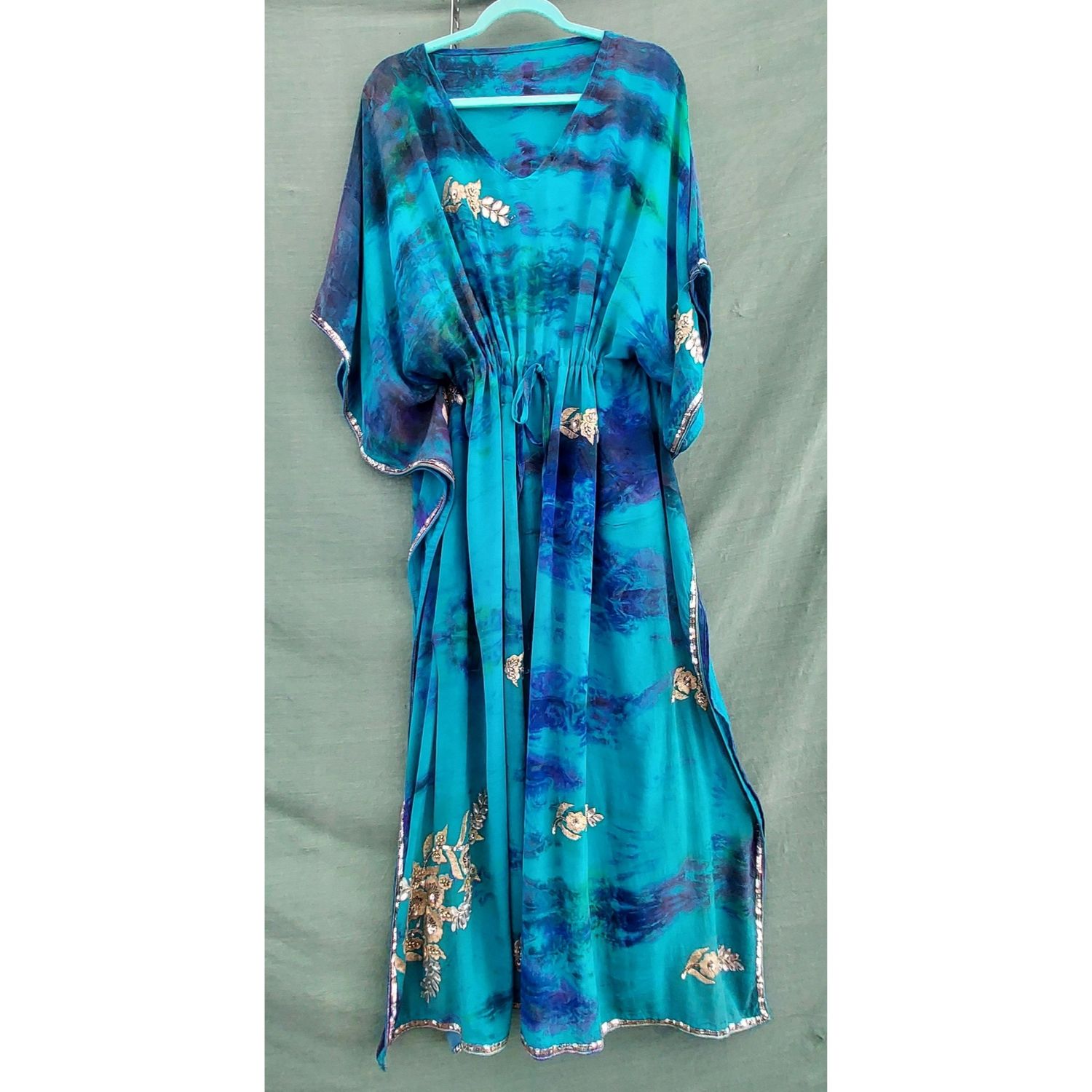 SG - Recycled Sari, Draw String Kaftan Robe Tunic Dress (62" Bust/Hip)