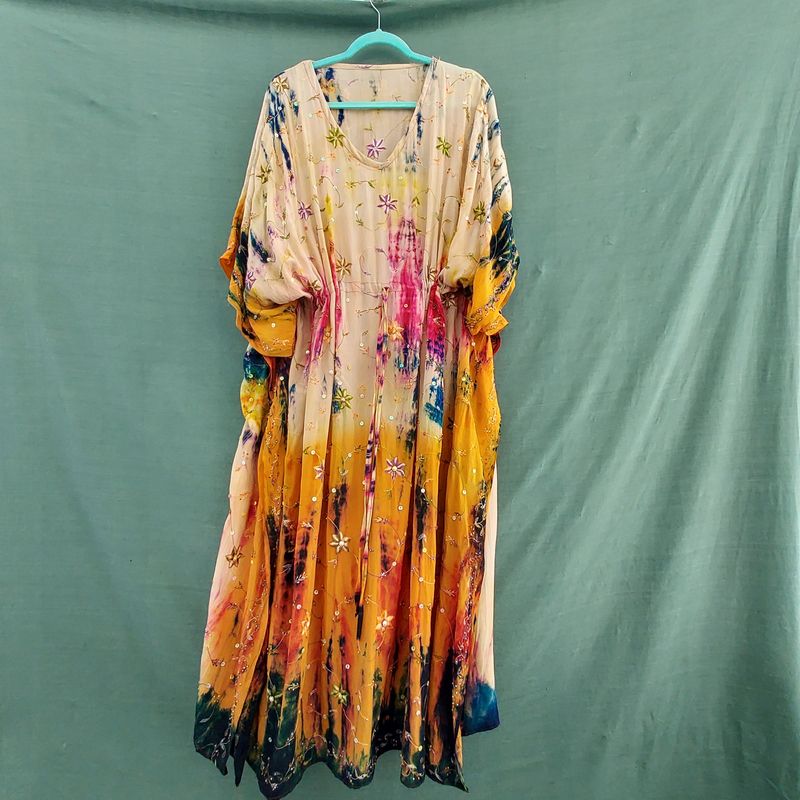 SG - Recycled Sari, Draw String Kaftan Robe Tunic Dress (62" Bust/Hip)
