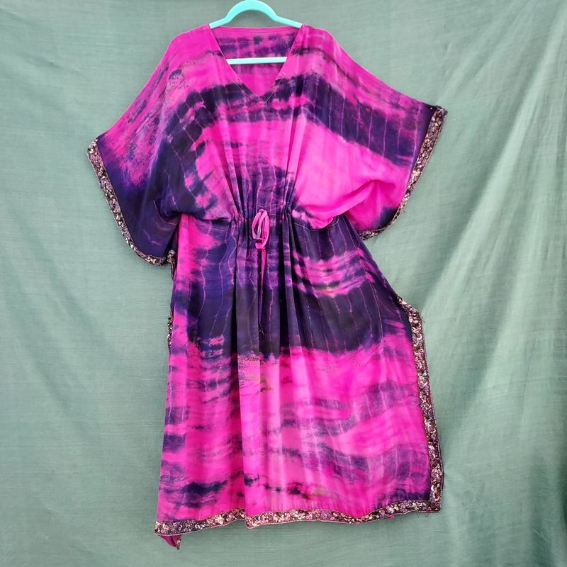 SG - Recycled Sari, Draw String Kaftan Robe Tunic Dress (62" Bust/Hip)