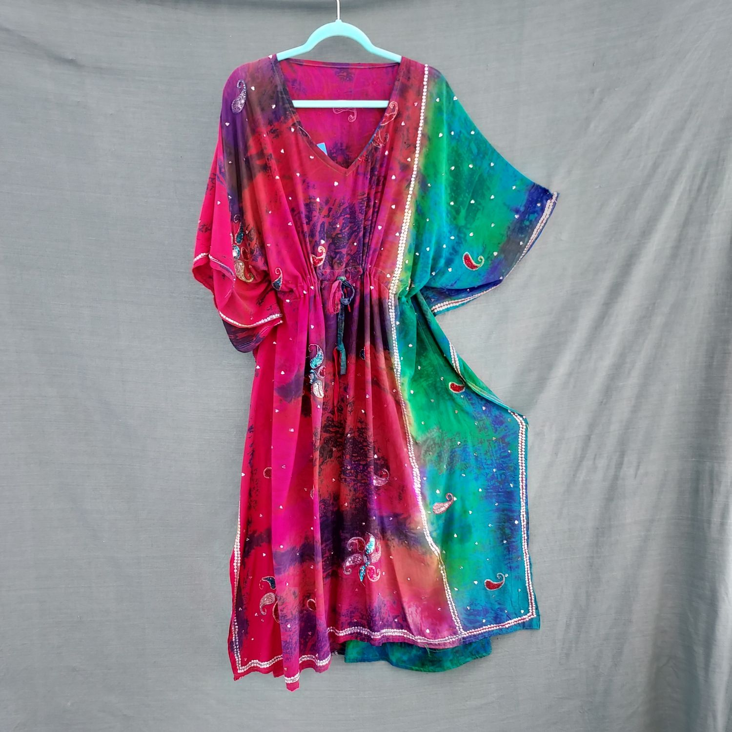 SG - Recycled Sari, Draw String Kaftan Robe Tunic Dress (62" Bust/Hip)