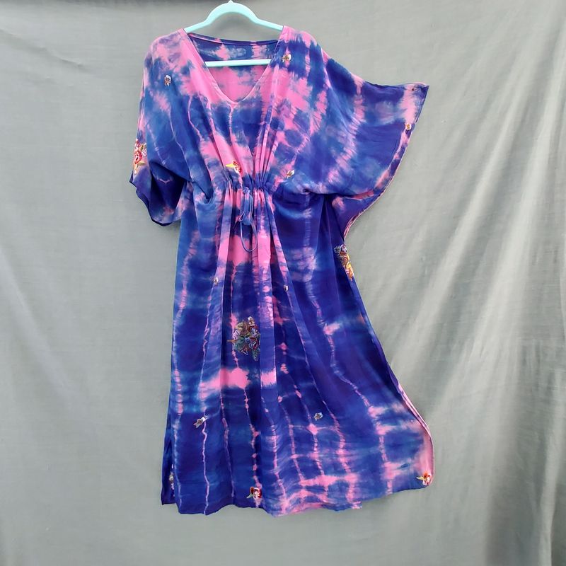 SG - Recycled Sari, Draw String Kaftan Robe Tunic Dress (62" Bust/Hip)