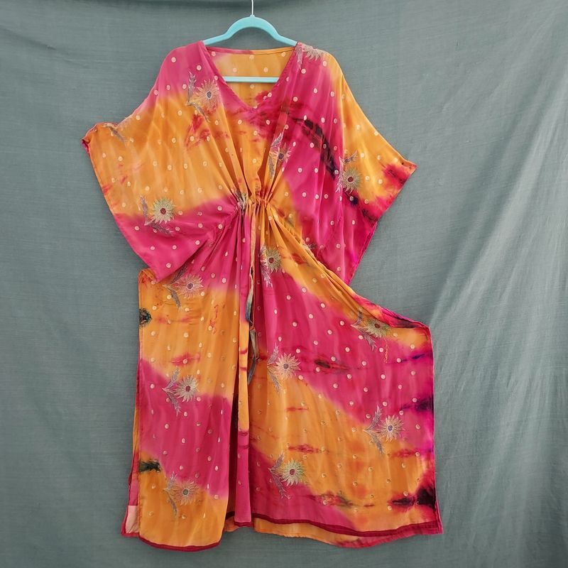 Recycled Sari, Draw String Kaftan Robe Tunic Dress