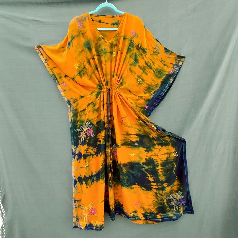 SG - Recycled Sari, Draw String Kaftan Robe Tunic Dress (62" Bust/Hip)